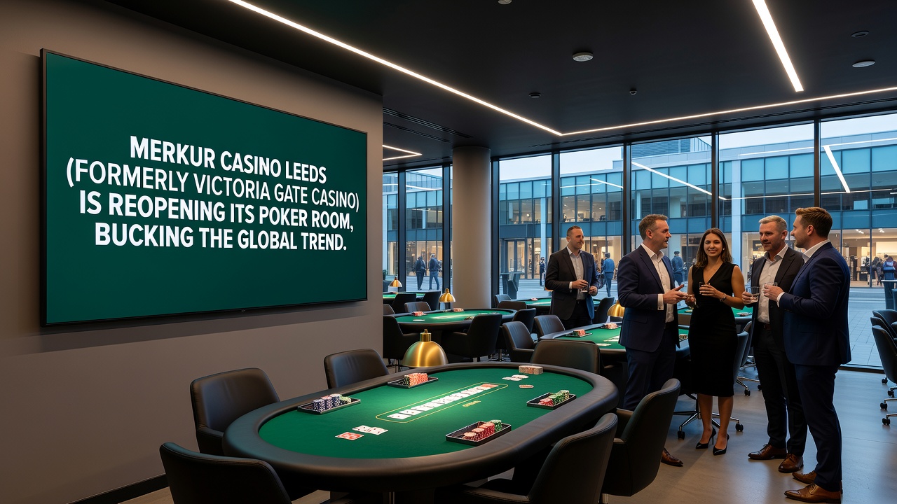 Interior poker room setup at a modern casino with tables and dealer stations ready for play